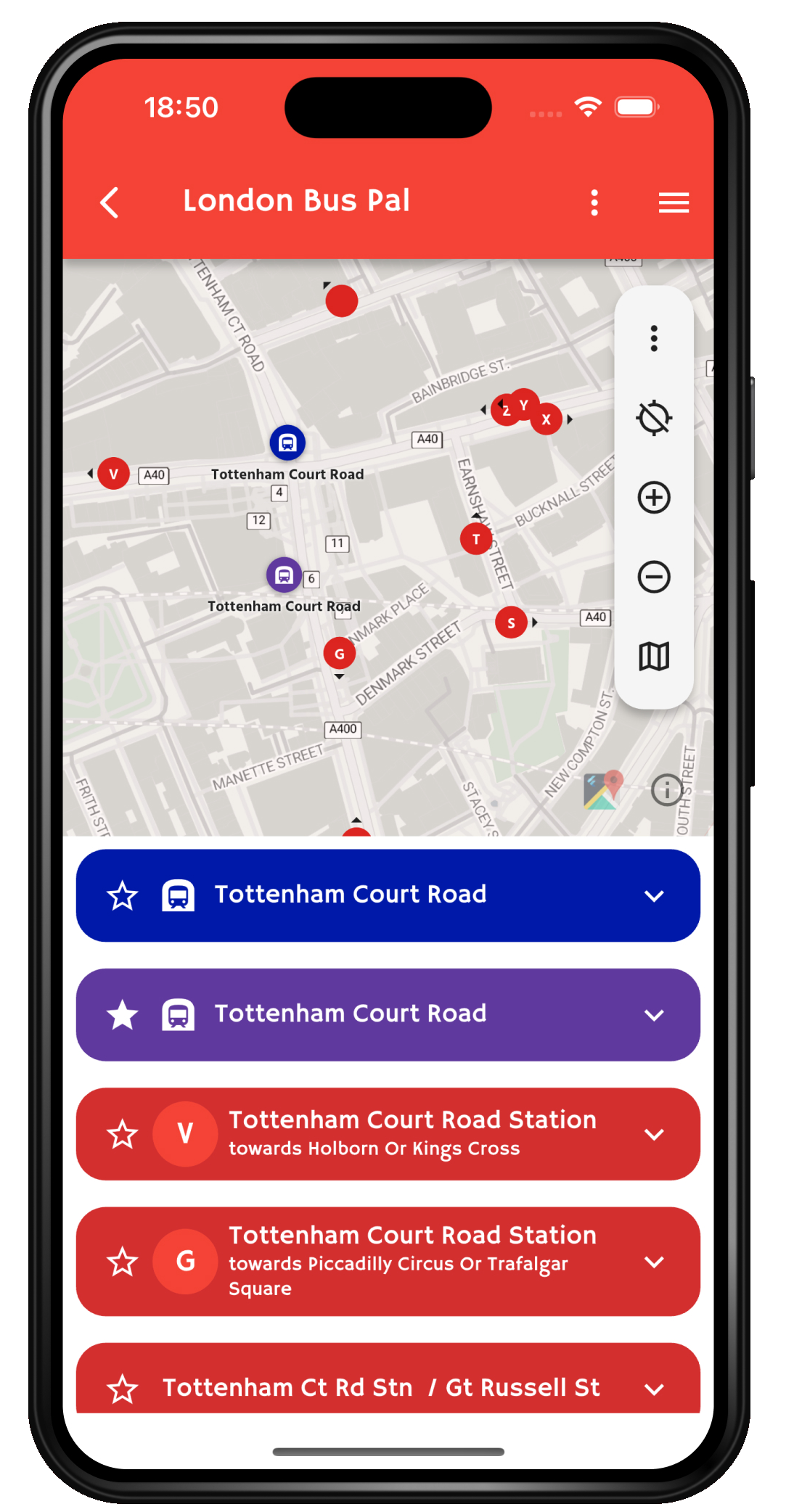 London Bus Pal home screen showing live arrivals at Tottenham Court Road across Tube, Elizabeth line, bus and rail